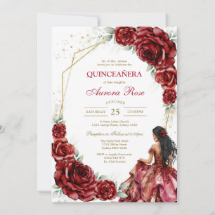 Modern Red Rose Floral Quinceanera Invitation