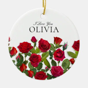 Modern Red Rose Minimalist Name I Love You Ceramic Ornament