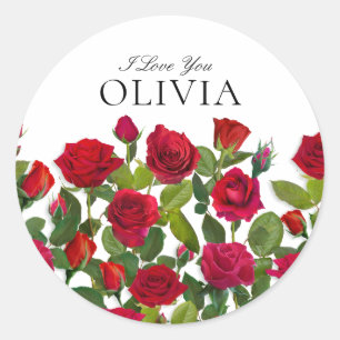 Modern Red Rose Minimalist Name I Love You Classic Round Sticker
