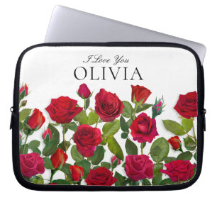 Modern Red Rose Minimalist Name I Love You Laptop Sleeve
