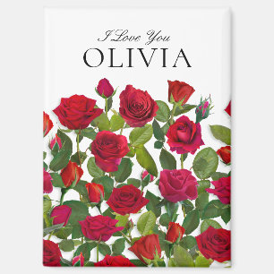 Modern Red Rose Minimalist Name I Love You Magnet