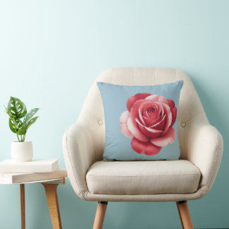 Modern Red Rose Throw Pillow on Dusty Blue Bold