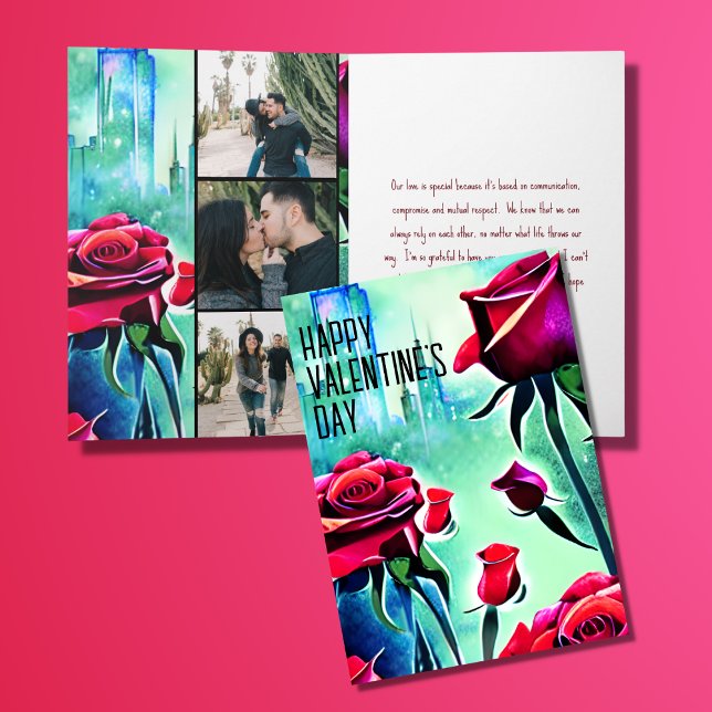 Modern Red Roses 3 Photo Cityscape Valentine's Day Holiday Card (Creator Uploaded)