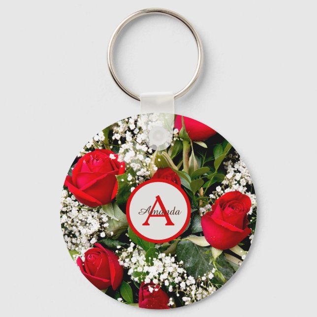 Modern red roses bouquet with monogram and name key ring (Front)