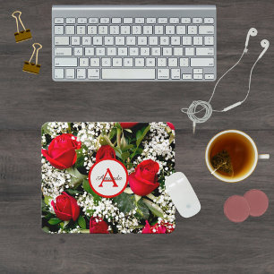 Modern red roses bouquet with monogram and name mouse pad