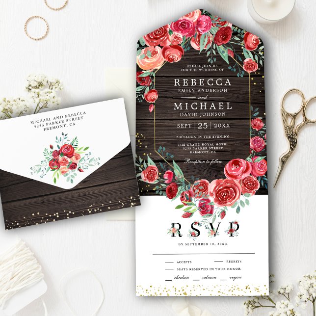 Modern Red Roses Floral Barn Wood Wedding All In One Invitation (Creator Uploaded)