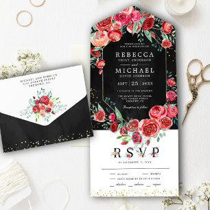 Modern Red Roses Floral Black Wedding All In One Invitation