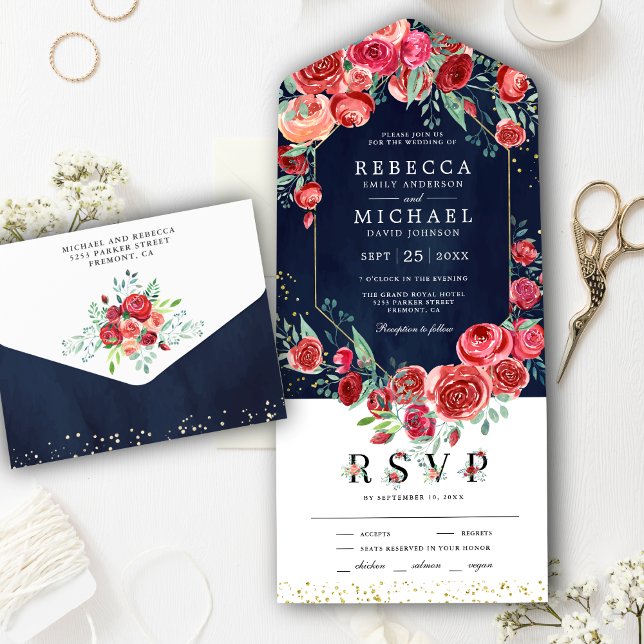 Modern Red Roses Floral Navy Blue Wedding All In One Invitation (Creator Uploaded)