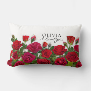 Modern Red Roses Garden Minimalist Name Lumbar Cushion
