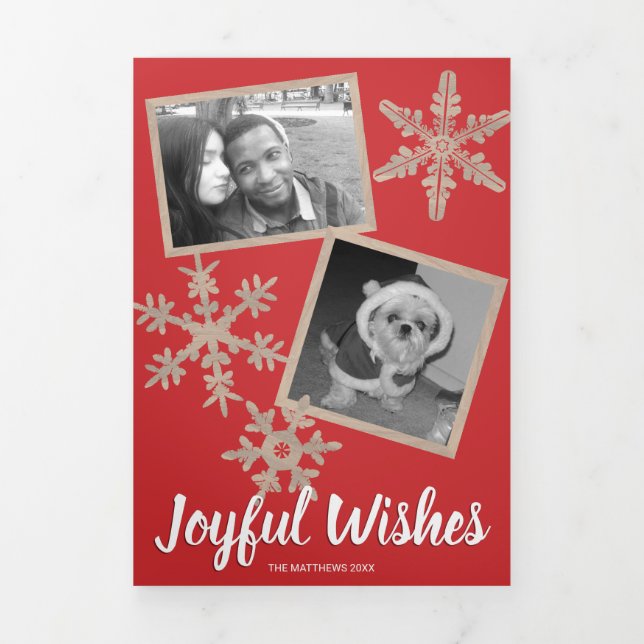 Modern Red Rustic Snowflake Collage 5 Photo Tri-Fold Holiday Card (Cover)