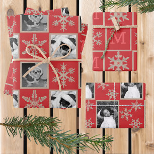Modern Red Rustic Snowflake Monogram Photo Wrapping Paper Sheet