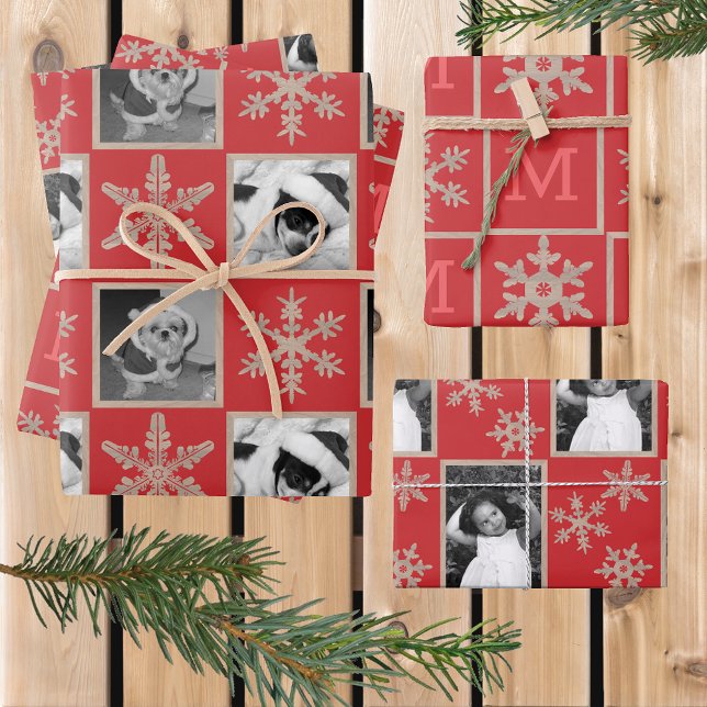 Modern Red Rustic Snowflake Monogram Photo Wrapping Paper Sheet (Creator Uploaded)