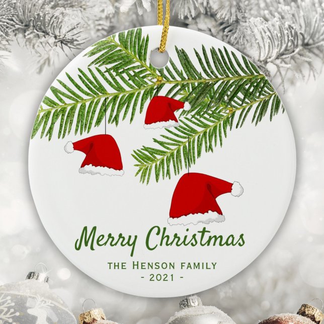 Modern Red Santa Hat Pine Merry Christmas Ceramic Ornament (Creator Uploaded)