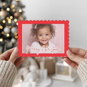 Modern Red Scallop Photo Christmas Merry Christmas Holiday Card