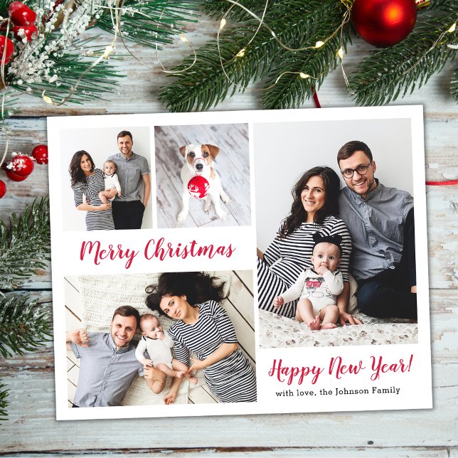Modern Red Script 5 Photo Christmas Holiday  Postcard (Creator Uploaded)