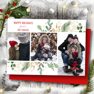 Modern Red Script Green Foliage Floral Festive Holiday Card