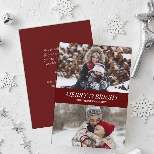 Modern Red Script Merry Bright Christmas Photo Holiday Card (Creator Uploaded)