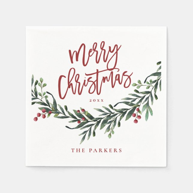 Modern Red Script Merry Christmas Greenery Napkin (Front)