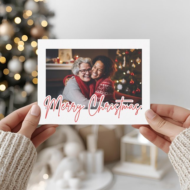Modern Red Script Merry Christmas Photo Postcard (Creator Uploaded)