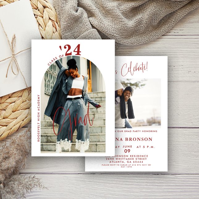 Modern Red Script Photo 2024 Minimal Grad Party  Invitation (Creator Uploaded)