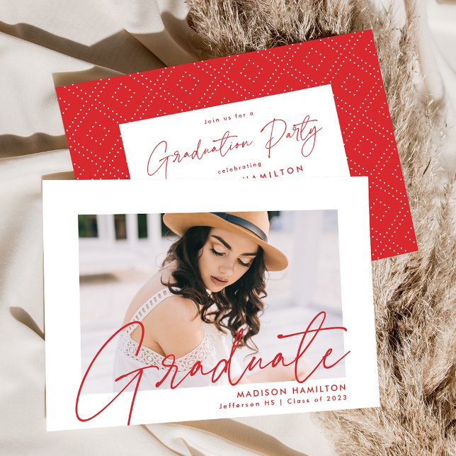 Modern Red Script Photo Graduation Party Invitation (Creator Uploaded)