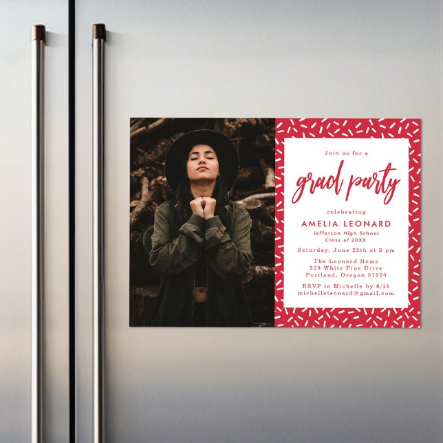 Modern Red Script Photo Graduation Party Magnetic Invitation (Creator Uploaded)