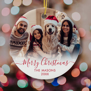 Modern Red Script White2 Photo Merry Christmas  Ceramic Ornament
