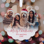 Modern Red Script White 2 Photo Christmas Tree Decoration Card<br><div class="desc">Modern Cute Minimalist Red Script 2 Photo Merry Christmas Script Holiday Ornament Card. This festive, simple minimalist, whimsical two photo holiday greeting card template features Family Name, Year and a „Merry Christmas” greeting text which is written in a hand lettered swirly swash-tail font red calligraphy script photo overlay on white...</div>