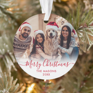 Modern Red Script White 2 Photo Merry Christmas Ornament