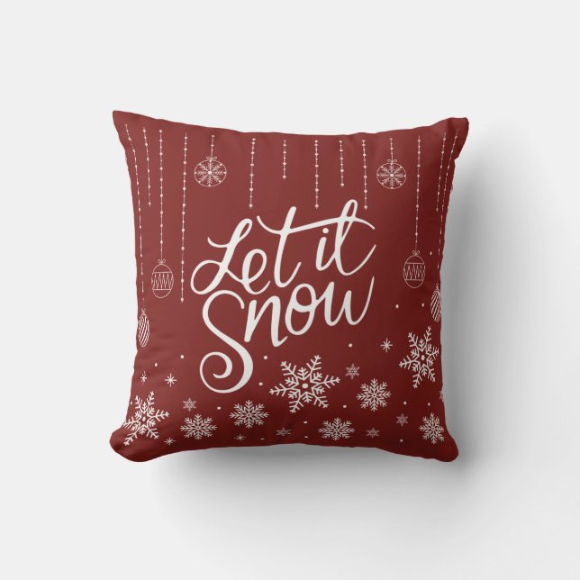 Modern Red, Silver Merry Christmas Snowflakes Cushion (Front)