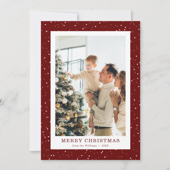 Modern Red Snow Photo Christmas Card (Front)