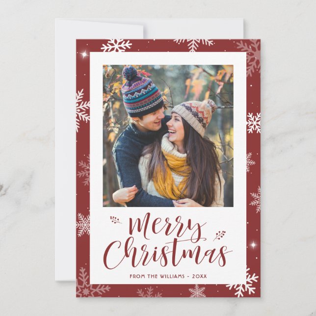Modern Red Snowflake Photo Christmas Card (Front)