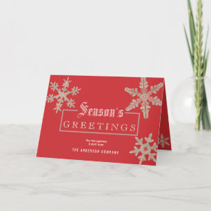 Modern Red Snowflake Vintage Wood Corporate Holiday Card