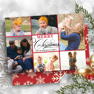 Modern Red Snowflakes Elegant Script Photo Collage Holiday Card