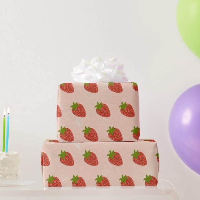 Modern Red Strawberries Brown Pattern  Wrapping Paper (Party Gifts)