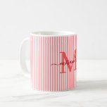 Modern Red Stripe Monogram Name Coffee Mug<br><div class="desc">Start your morning in style with this personalised red striped coffee mug, designed to bring timeless charm to every sip. Featuring a soft red and white striped background, this elegant mug is customised with your monogram initial and full name in a graceful script font—creating a feminine, refined look that feels...</div>