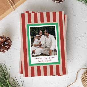Modern Red Stripes and Green Christmas Photo Holiday Card