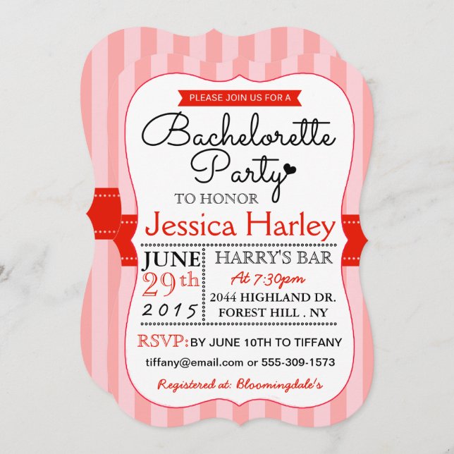 Modern Red Stripes Bachelorette Party Invitation (Front/Back)