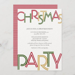 Modern Red Stripes Green Gold Christmas Party  Invitation