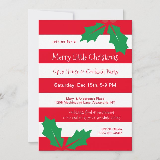 Modern Red Stripes Holly Holiday Party Invitation (Front)