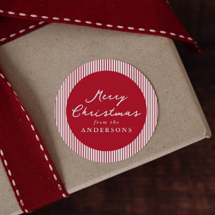 Modern Red Stripes Merry Christmas Classic Round Sticker