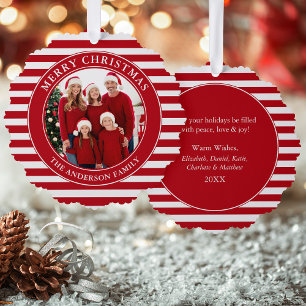 Modern Red Stripes Merry Christmas Photo Tree Decoration Card