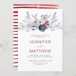 Modern Red Stripes Navy Red Grey Floral Wedding   Invitation