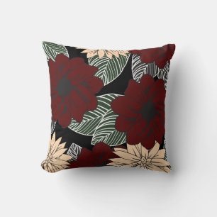 Modern Red & Tan Blooms and Leaves Cushion