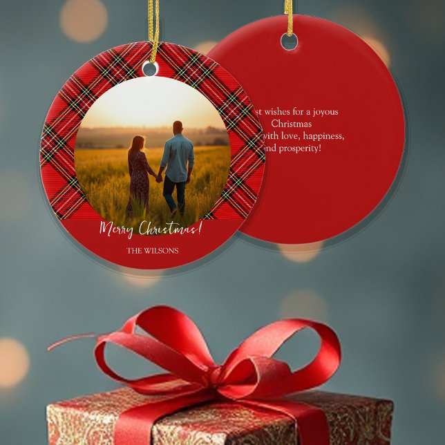 Modern Red Tartan One Photo Ceramic Ornament (Creator Uploaded)
