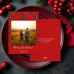 Modern Red Tartan One Photo Holiday Card