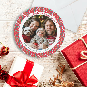 Modern Red & Teal Dog Bone Pattern Family Photo Holiday Card