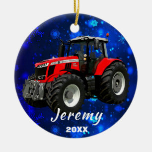 Modern Red Tractor "Christmas 20XX"  Ceramic Ornam Ornament
