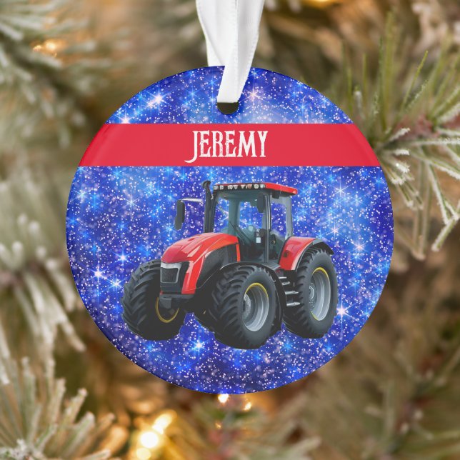 Modern Red Tractor on Blue Ornament (Tree)