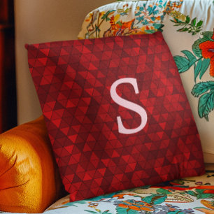 Modern Red Triangles Geometric Custom Monogram Cushion